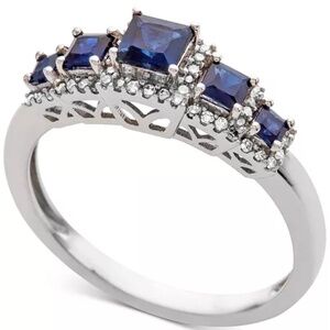 14K White Gold Sapphire Diamond Ring 3/4 ct Blue Stone Band Fine Jewelry